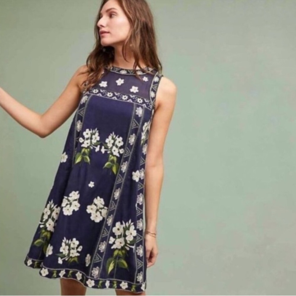 Anthropologie Maeve Blue and White Embroidered A-line Shift Dress